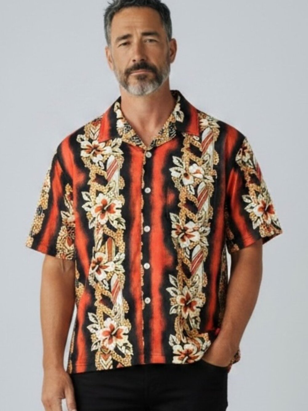 OTB Hawaiian Shirt Men's Size Large‎ Black Orange Floral PRint